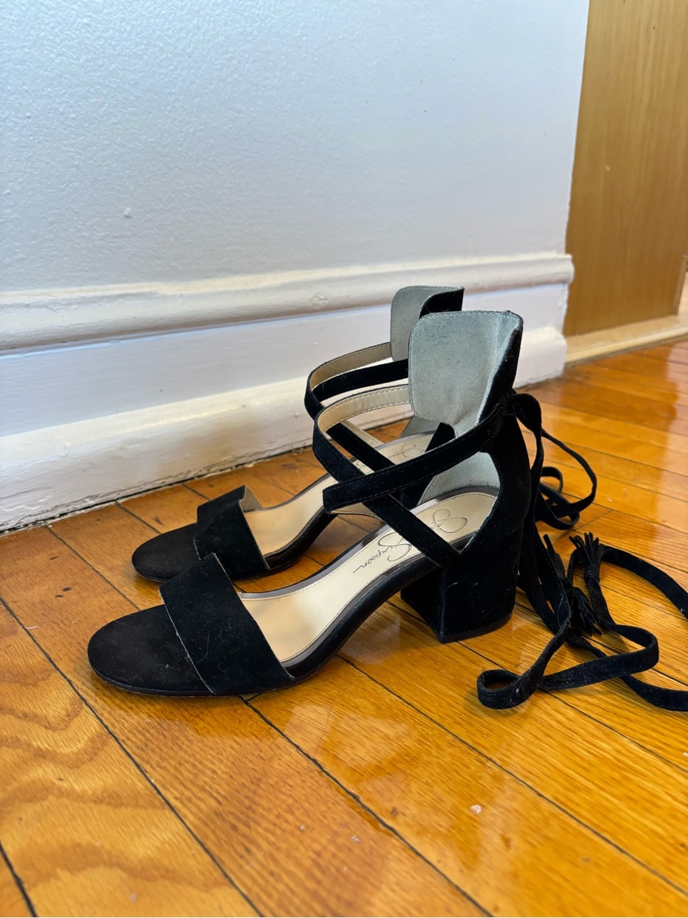 Black Suede Block Heel Lace-Up Sandals